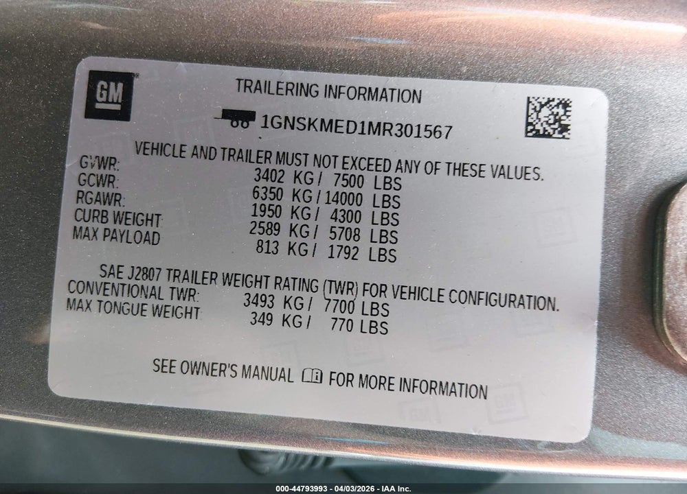 2021 CHEVROLET TAHOE 4WD LS VIN: 1GNSKMED1MR301567