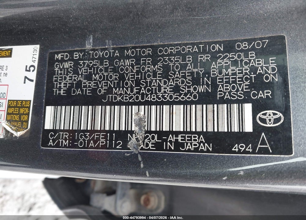2008 TOYOTA PRIUS VIN: JTDKB20U483305660