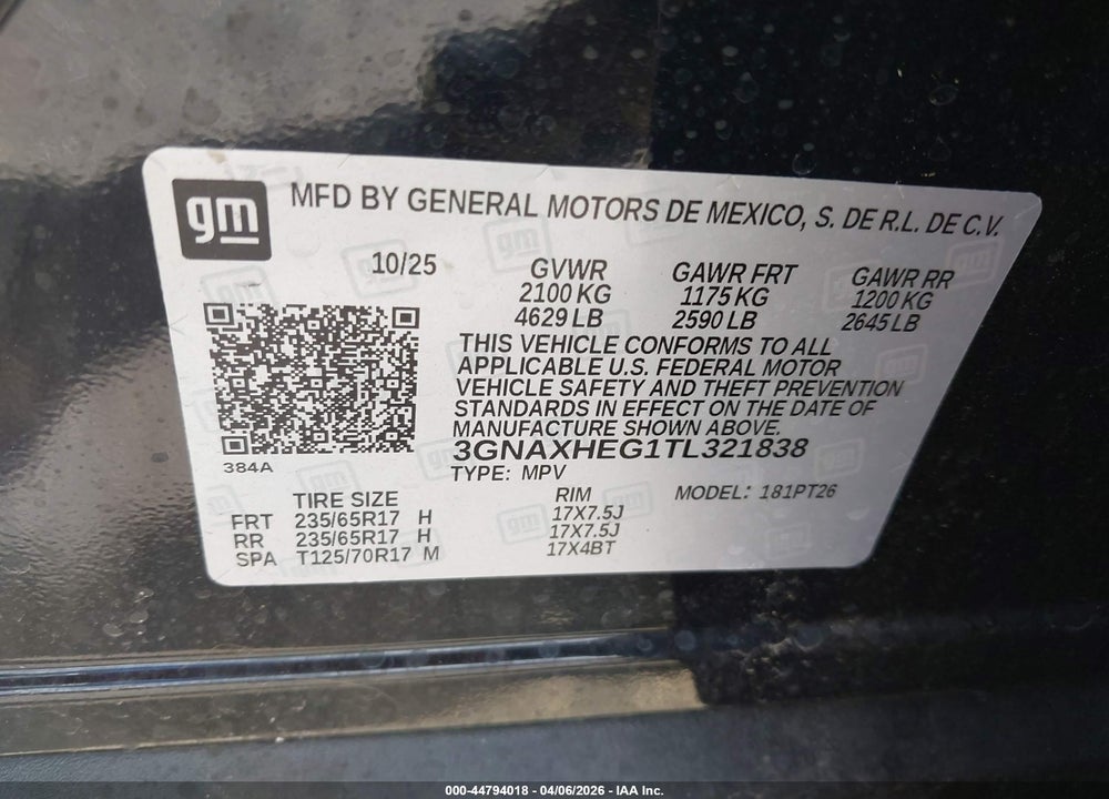 2026 CHEVROLET EQUINOX FWD LT VIN: 3GNAXHEG1TL321838