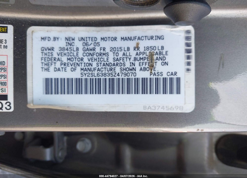 2005 PONTIAC VIBE VIN: 5Y2SL63835Z479070