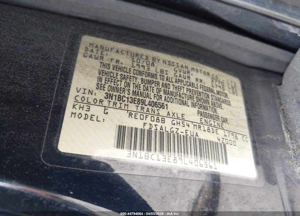 2009 NISSAN VERSA 1.8SL VIN: 3N1BC13E89L406561
