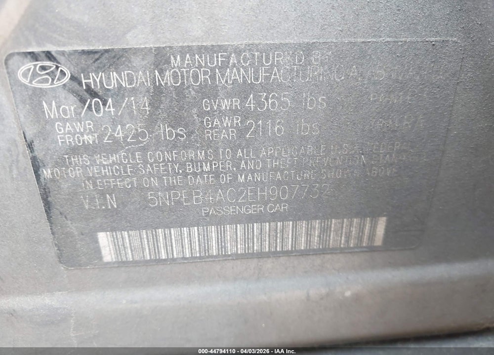 2014 HYUNDAI SONATA GLS VIN: 5NPEB4AC2EH907732