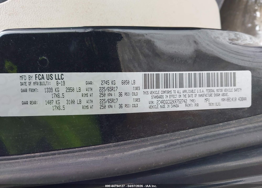 2019 DODGE GRAND CARAVAN SXT VIN: 2C4RDGCG2KR752742