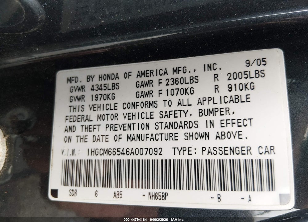 2006 HONDA ACCORD 3.0 EX VIN: 1HGCM66546A007092