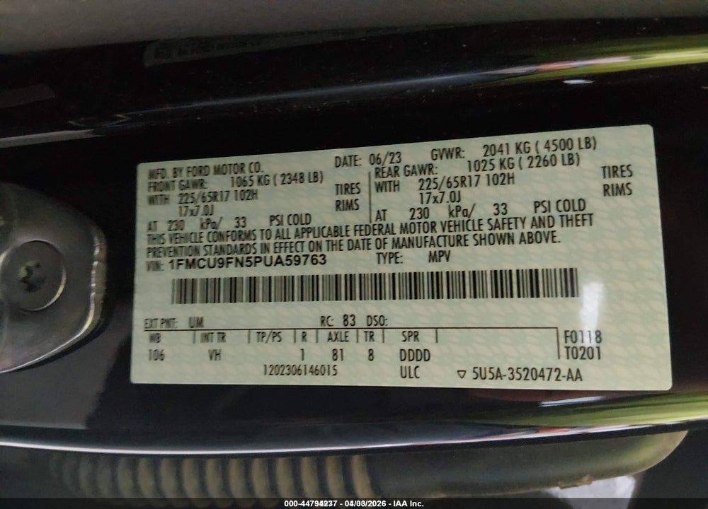 2023 FORD ESCAPE VIN: 1FMCU9FN5PUA59763