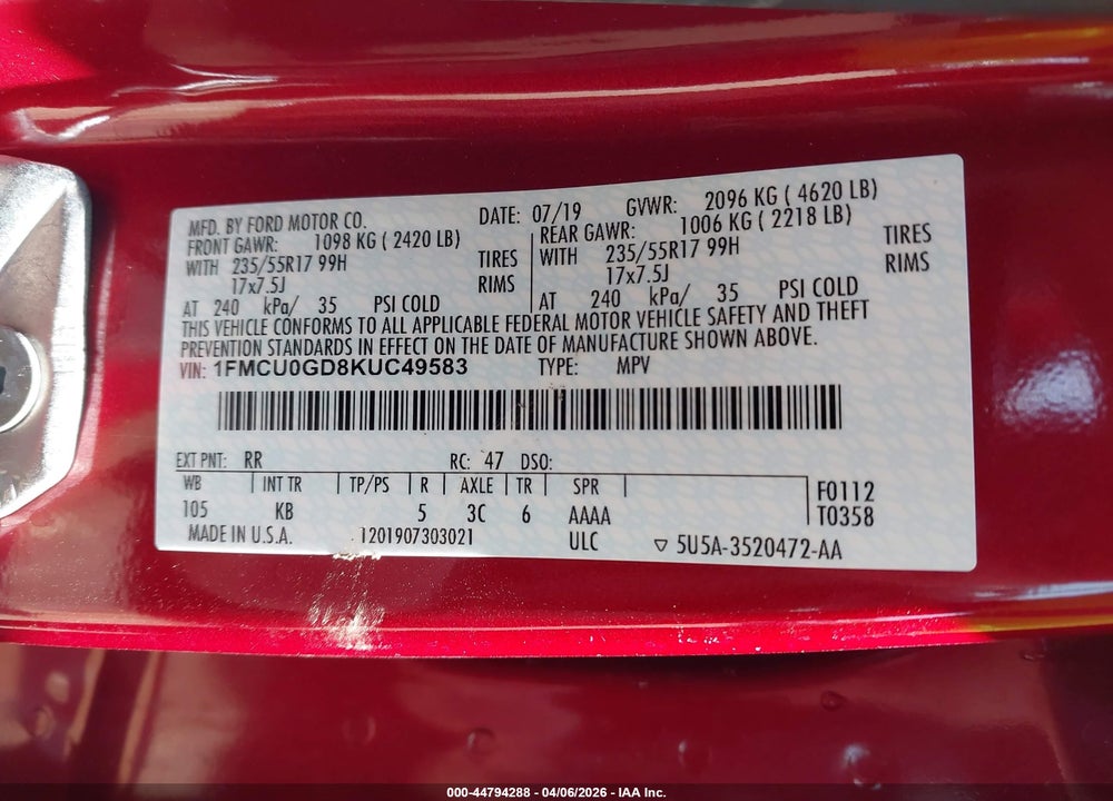 2019 FORD ESCAPE SE VIN: 1FMCU0GD8KUC49583