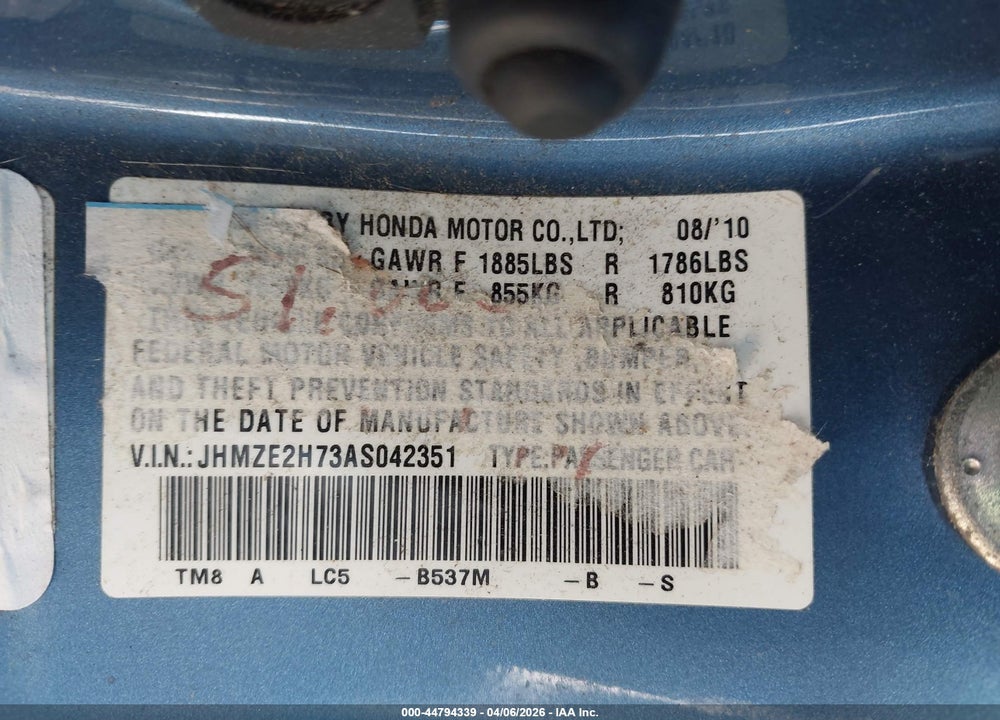 2010 HONDA INSIGHT EX VIN: JHMZE2H73AS042351