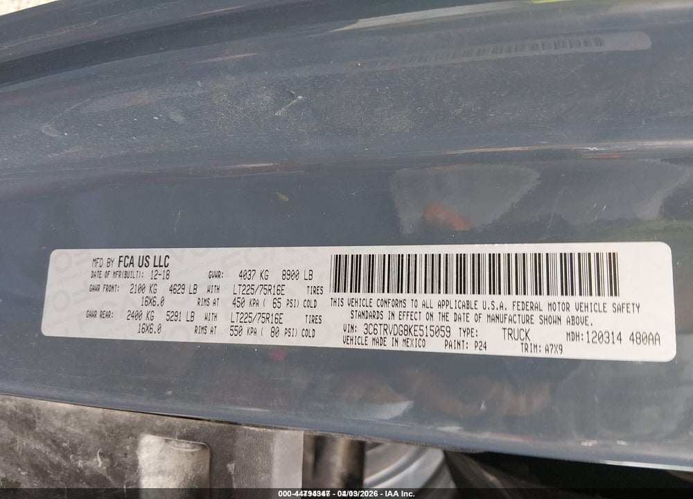 2019 RAM PROMASTER VIN: 3C6TRVDG8KE515059