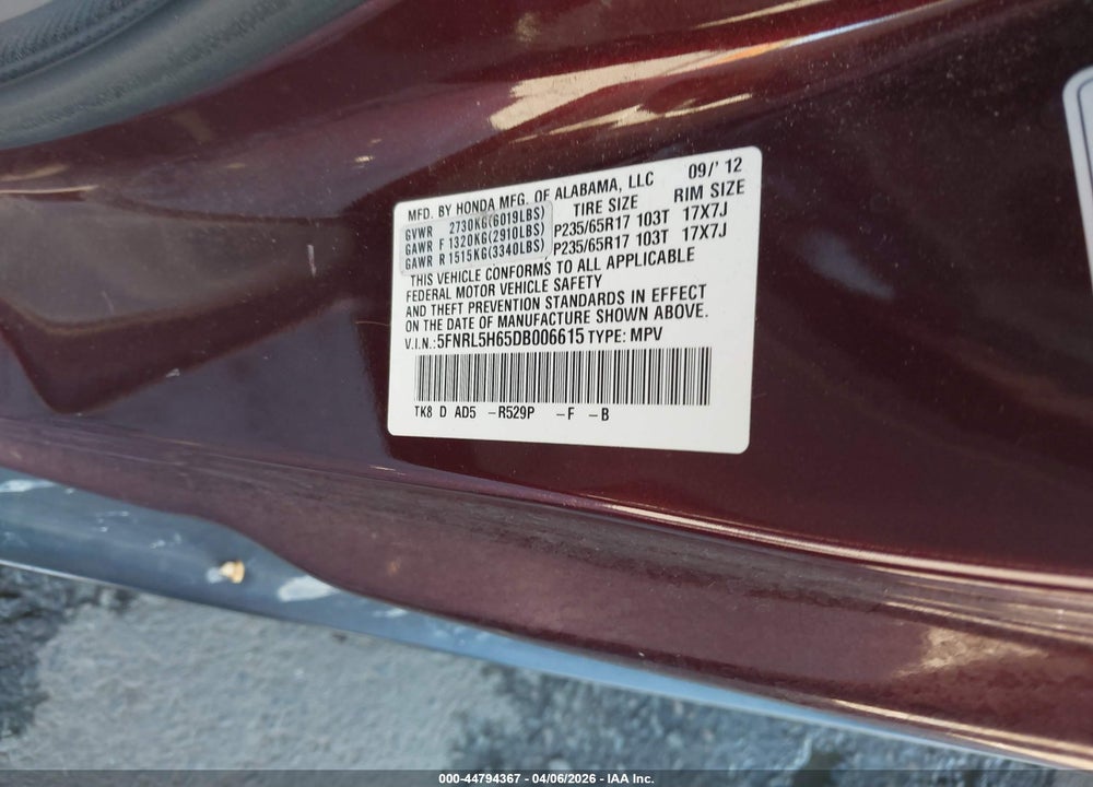 2013 HONDA ODYSSEY EX-L VIN: 5FNRL5H65DB006615