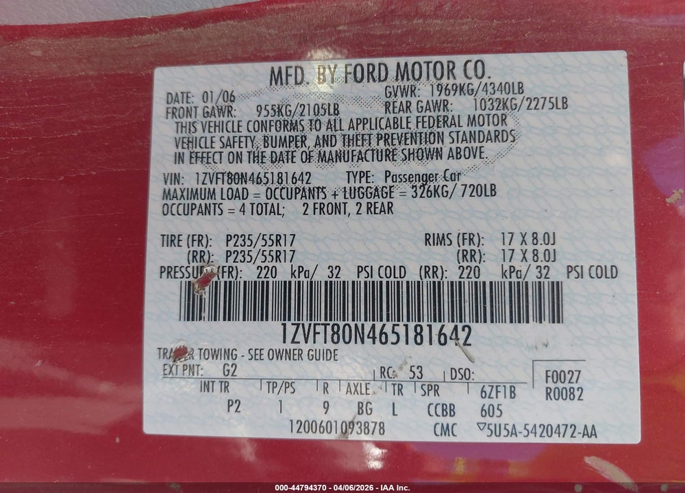 2006 FORD MUSTANG V6 VIN: 1ZVFT80N465181642