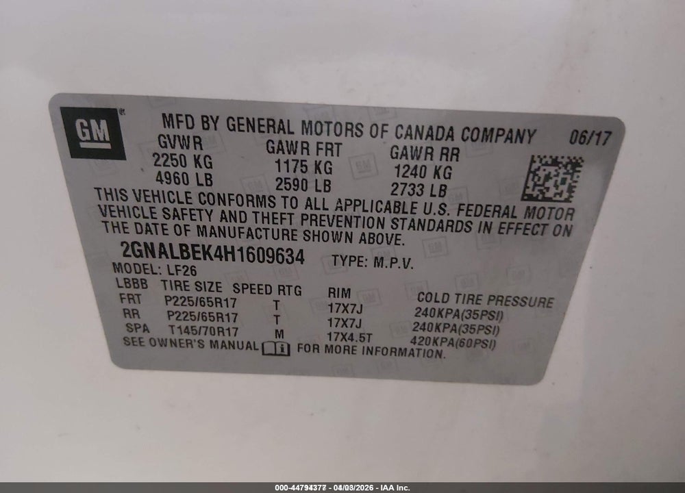 2017 CHEVROLET EQUINOX LS VIN: 2GNALBEK4H1609634