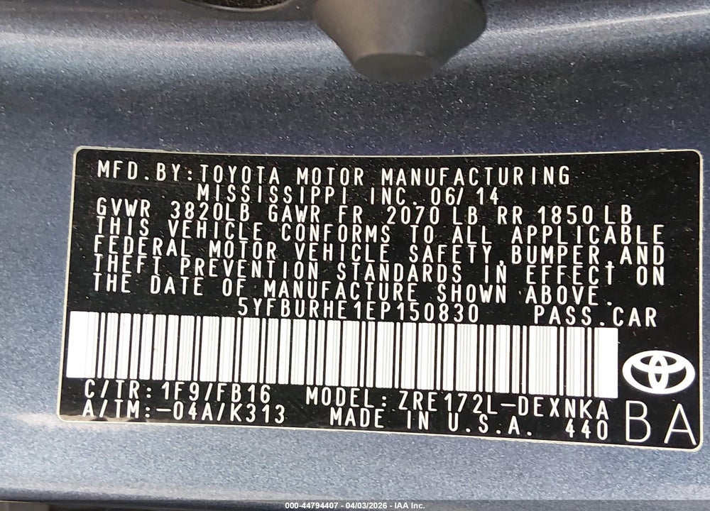 2014 TOYOTA COROLLA LE VIN: 5YFBURHE1EP150830