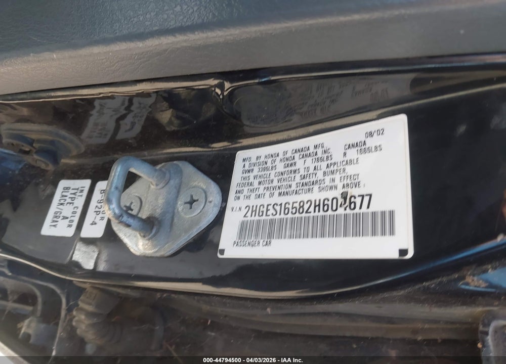 2002 HONDA CIVIC LX VIN: 2HGES16582H604677