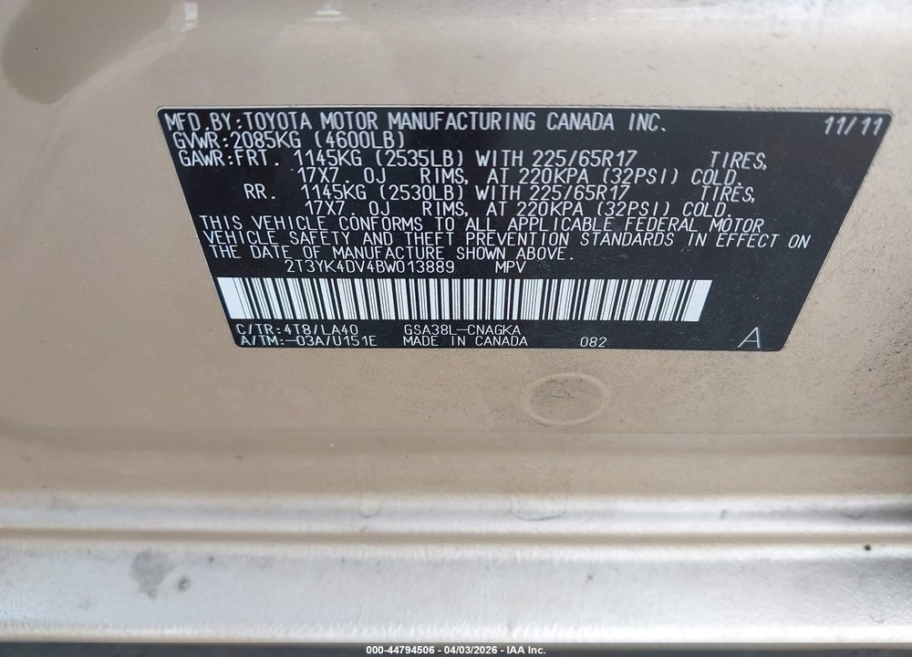 2011 TOYOTA RAV4 LIMITED V6 VIN: 2T3YK4DV4BW013889