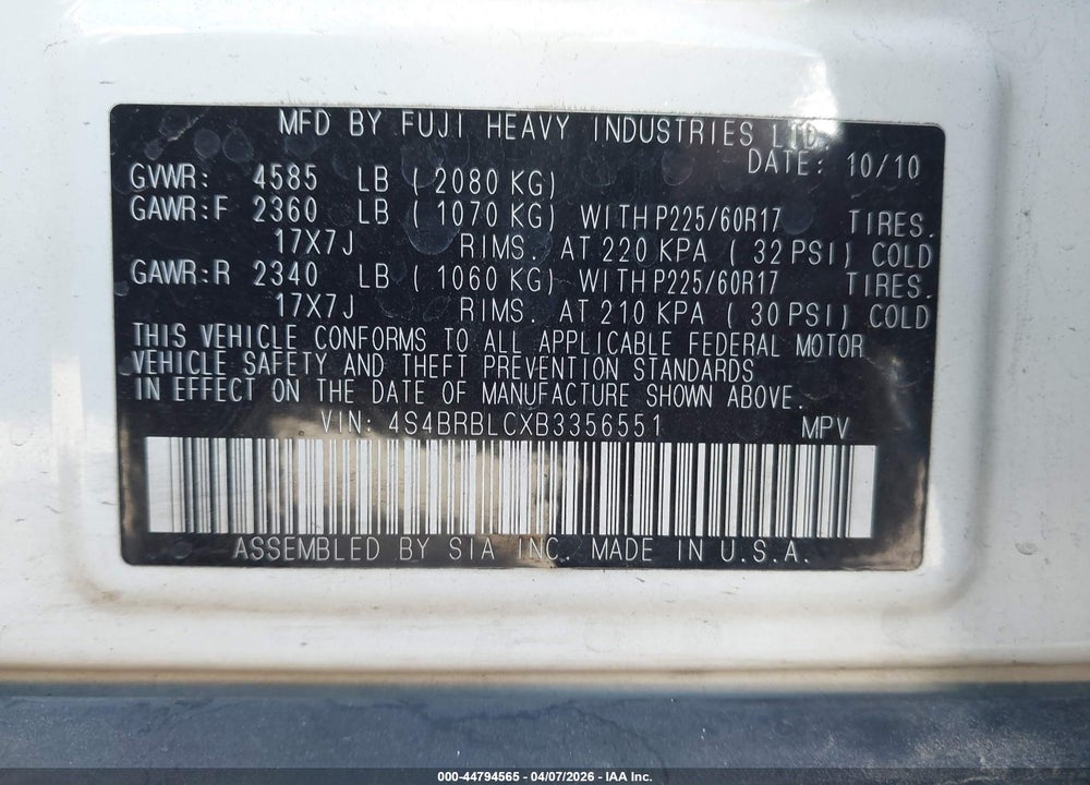 2011 SUBARU OUTBACK 2.5I LIMITED VIN: 4S4BRBLCXB3356551
