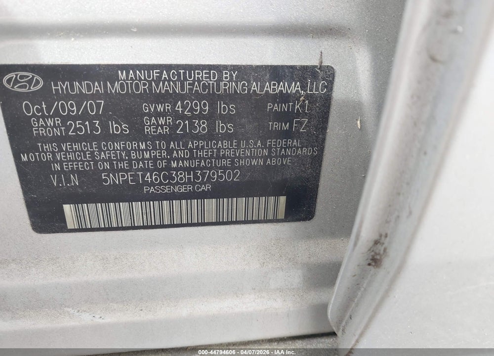 2008 HYUNDAI SONATA GLS VIN: 5NPET46C38H379502