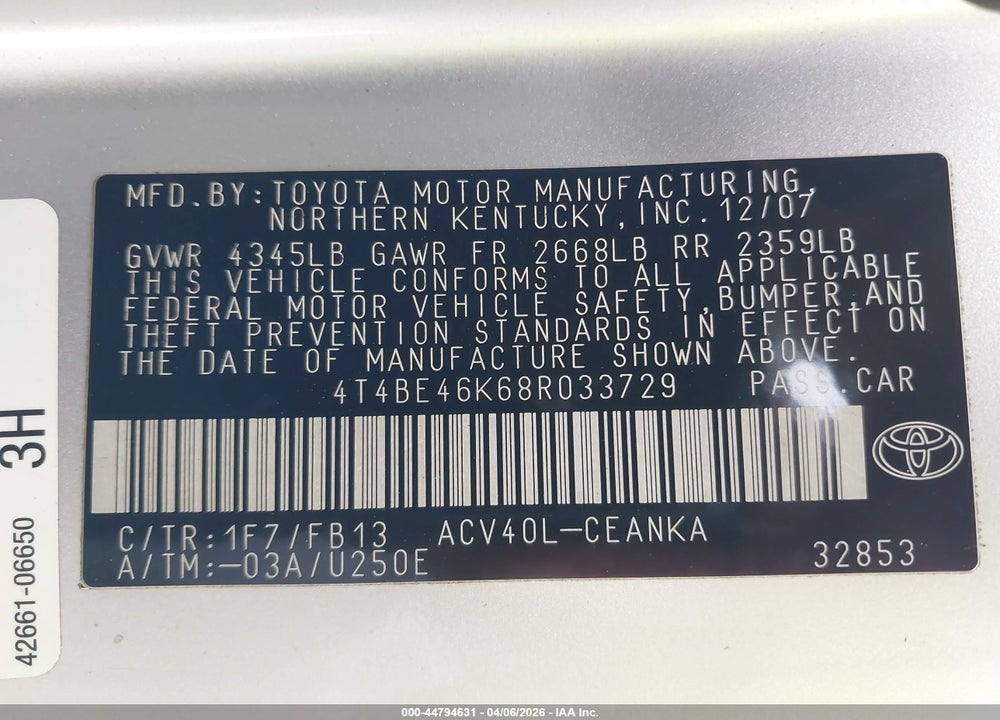 2008 TOYOTA CAMRY LE VIN: 4T4BE46K68R033729