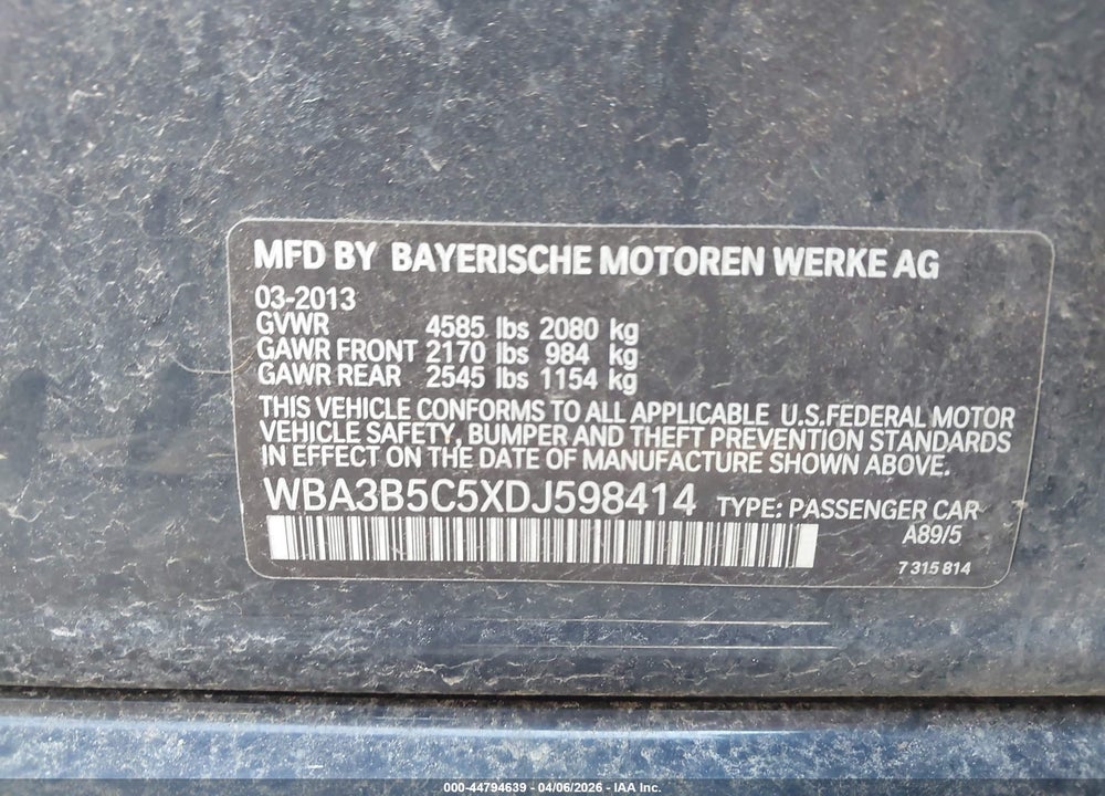 2013 BMW 328I XDRIVE VIN: WBA3B5C5XDJ598414