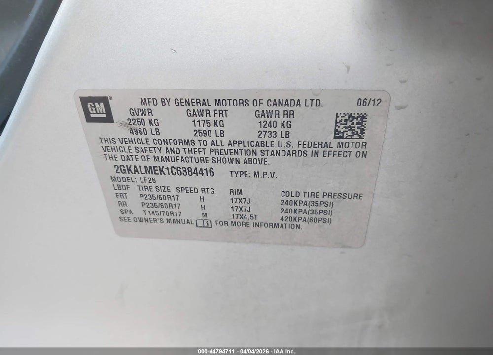2012 GMC TERRAIN SLE-1 VIN: 2GKALMEK1C6384416