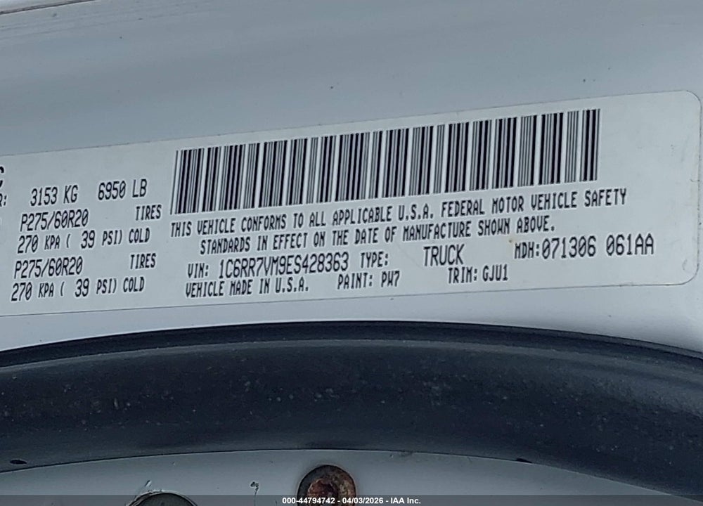 2014 RAM 1500 LAIE VIN: 1C6RR7VM9ES428363