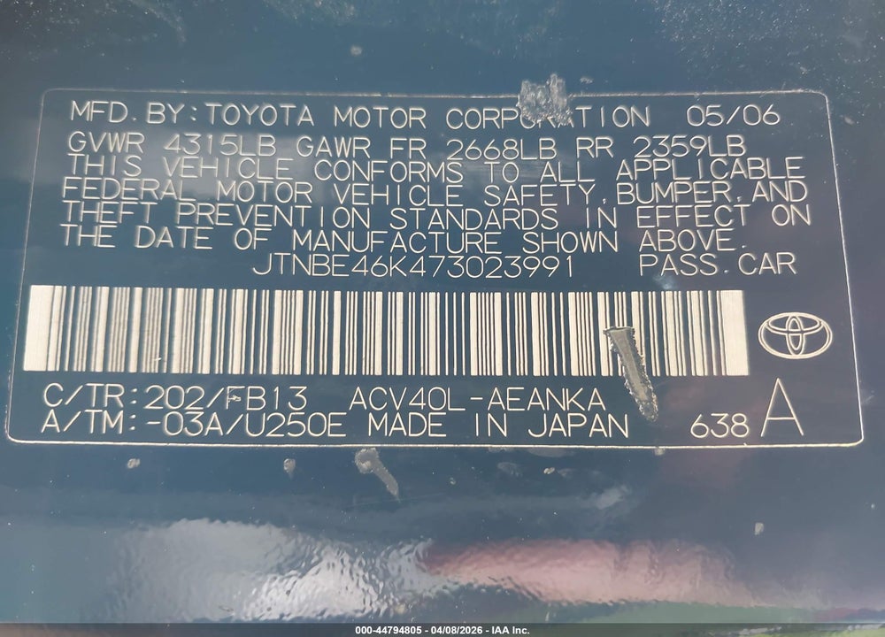 2007 TOYOTA CAMRY CE VIN: JTNBE46K473023991