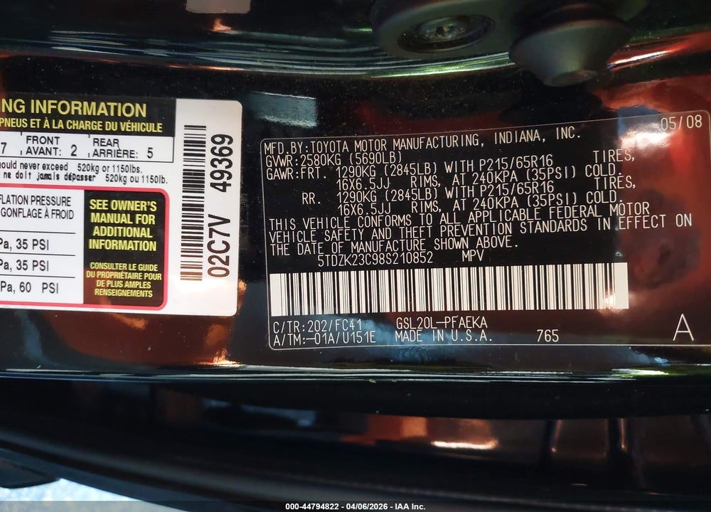 2008 TOYOTA SIENNA LE VIN: 5TDZK23C98S210852