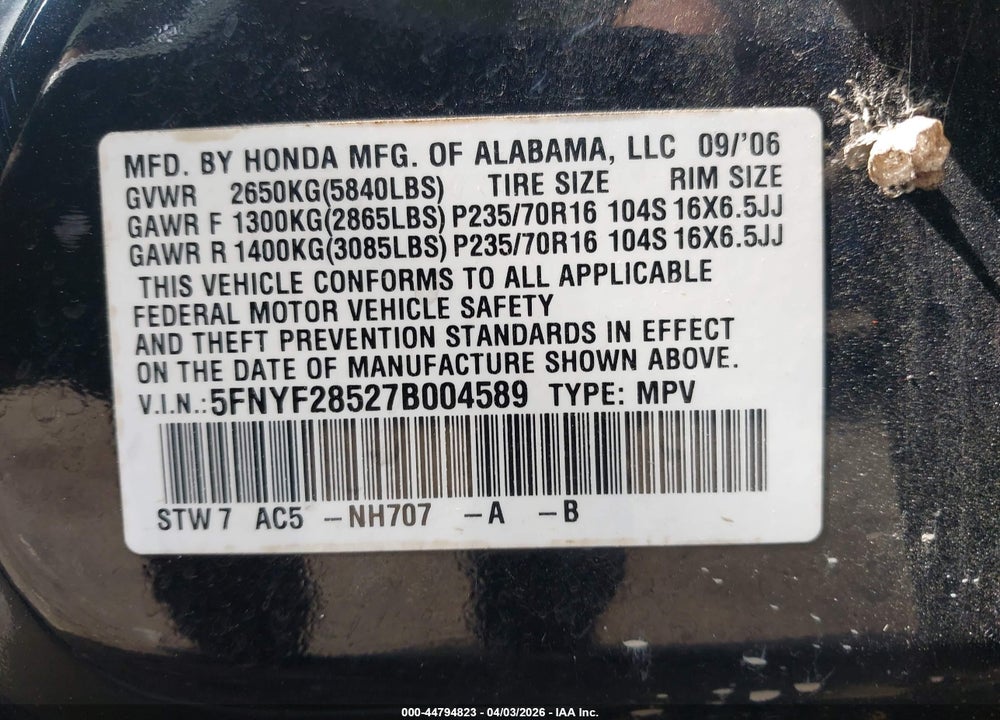 2007 HONDA PILOT EX-L VIN: 5FNYF28527B004589