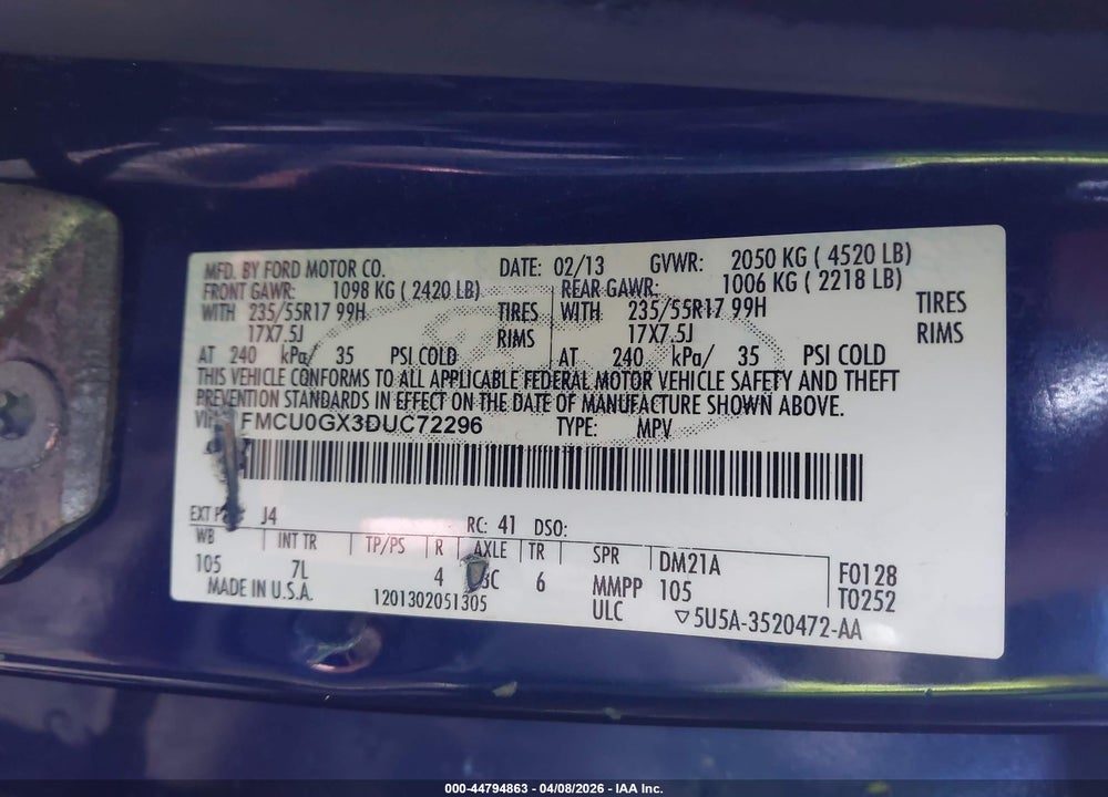 2013 FORD ESCAPE SE VIN: 1FMCU0GX3DUC72296
