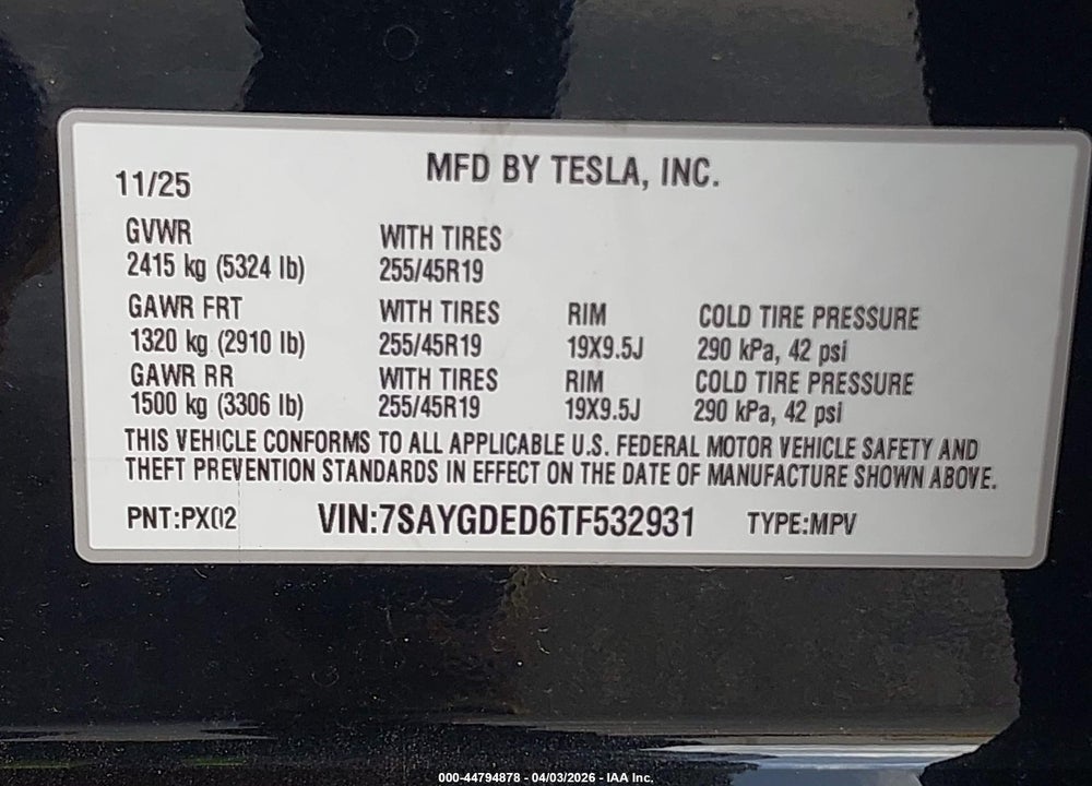 2026 TESLA MODEL Y PREMIUM REAR-WHEEL DRIVE/STANDARD REAR-WHEEL DRIVE VIN: 7SAYGDED6TF532931