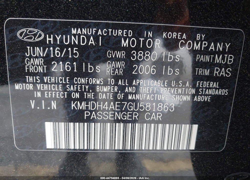 2016 HYUNDAI ELANTRA SE VIN: KMHDH4AE7GU581863