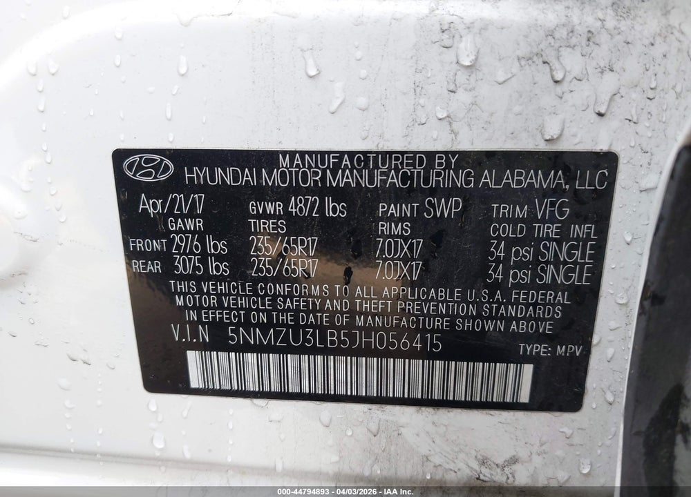 2018 HYUNDAI SANTA FE SPORT 2.4L VIN: 5NMZU3LB5JH056415