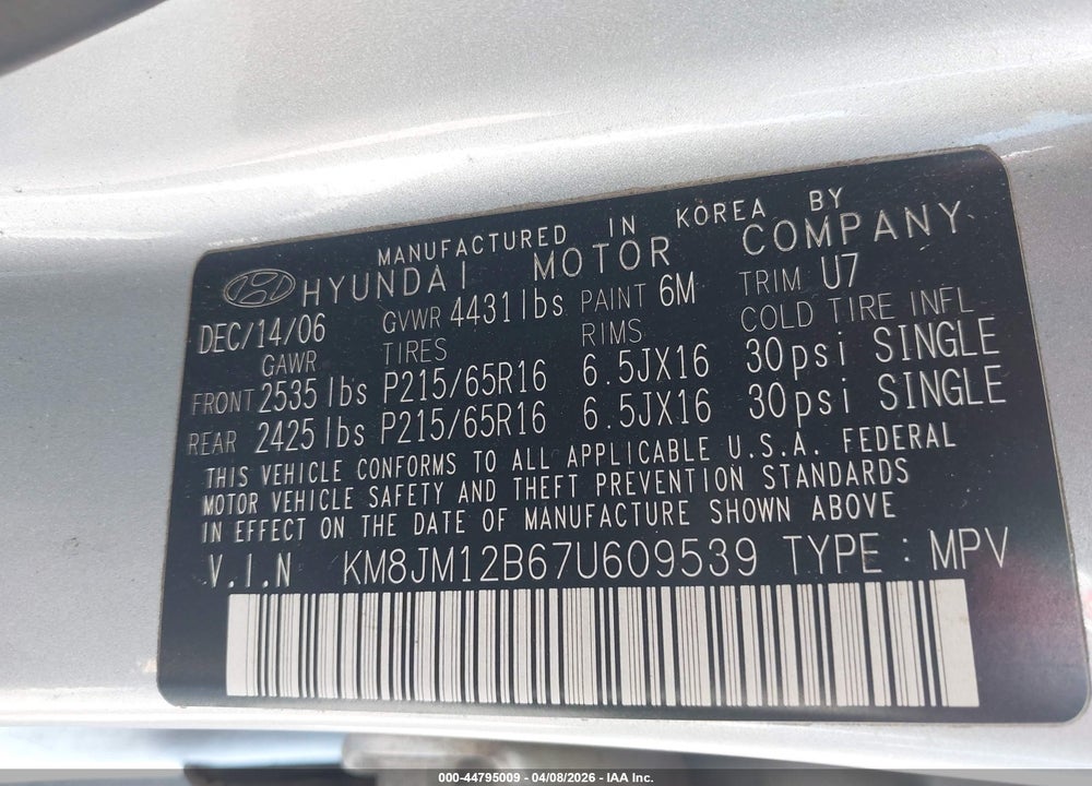 2007 HYUNDAI TUCSON GLS VIN: KM8JM12B67U609539
