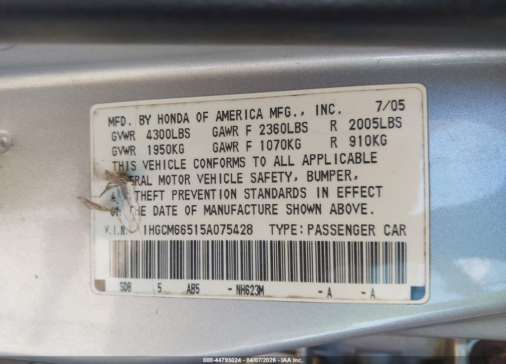 2005 HONDA ACCORD 3.0 EX VIN: 1HGCM66515A075428