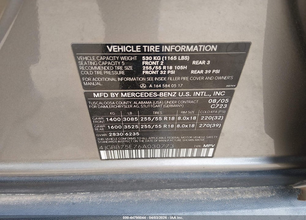 2006 MERCEDES-BENZ ML 500 4MATIC VIN: 4JGBB75E76A030773