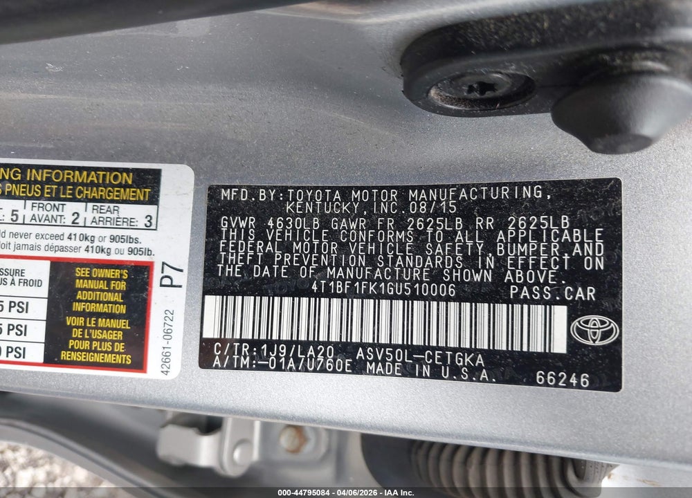 2016 TOYOTA CAMRY XLE VIN: 4T1BF1FK1GU510006