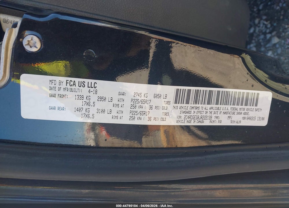 2018 DODGE GRAND CARAVAN GT VIN: 2C4RDGEG8JR222139