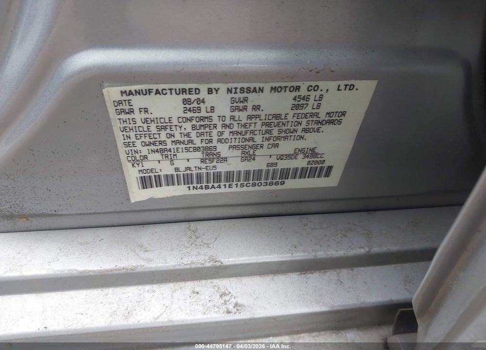 2005 NISSAN MAXIMA 3.5 SE VIN: 1N4BA41E15C803869
