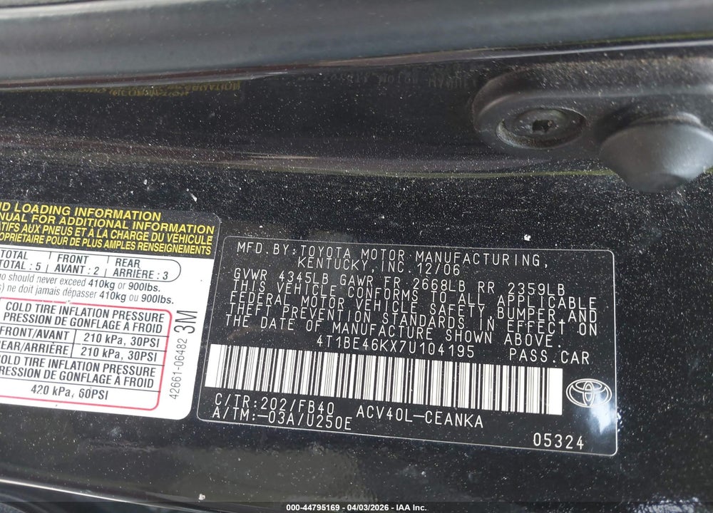 2007 TOYOTA CAMRY LE VIN: 4T1BE46KX7U104195