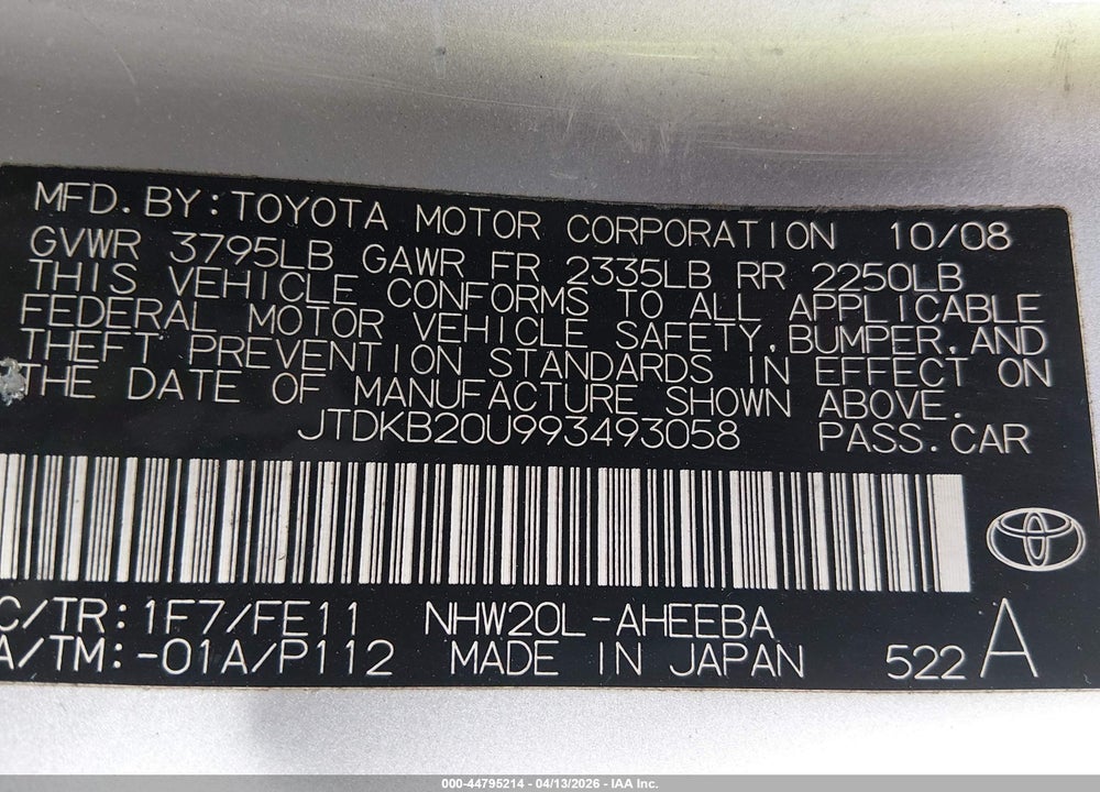 2009 TOYOTA PRIUS VIN: JTDKB20U993493058