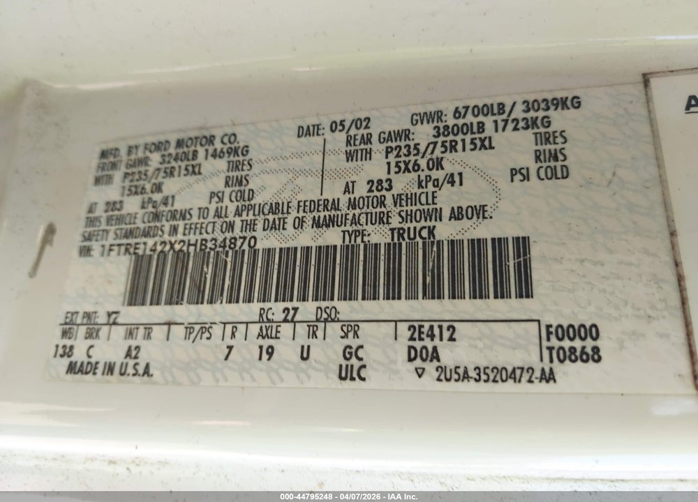 2002 FORD E-150 COMMERCIAL/RECREATIONAL VIN: 1FTRE142X2HB34870