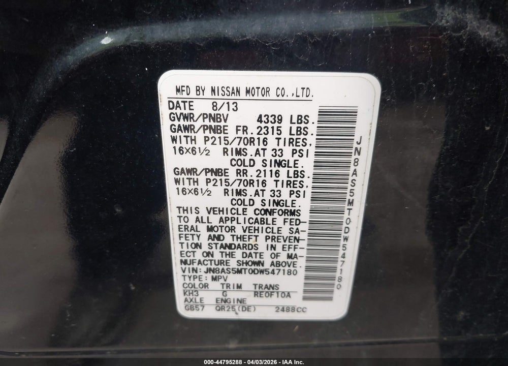 2013 NISSAN ROGUE S VIN: JN8AS5MT0DW547180