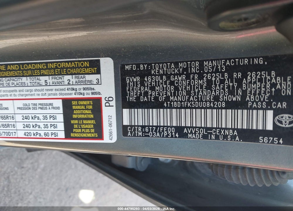 2013 TOYOTA CAMRY HYBRID LE VIN: 4T1BD1FK5DU084208