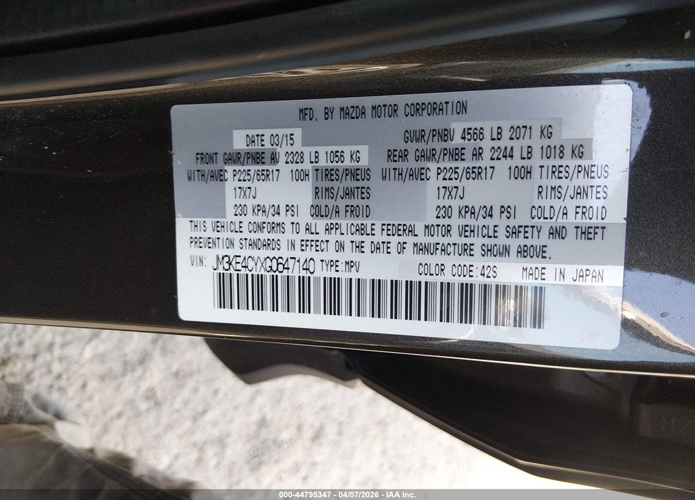 2016 MAZDA CX-5 TOURING VIN: JM3KE4CYXG0647140