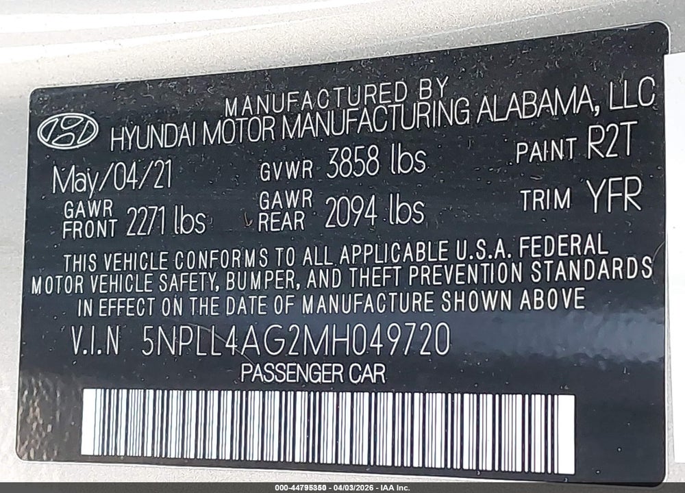 2021 HYUNDAI ELANTRA SE VIN: 5NPLL4AG2MH049720
