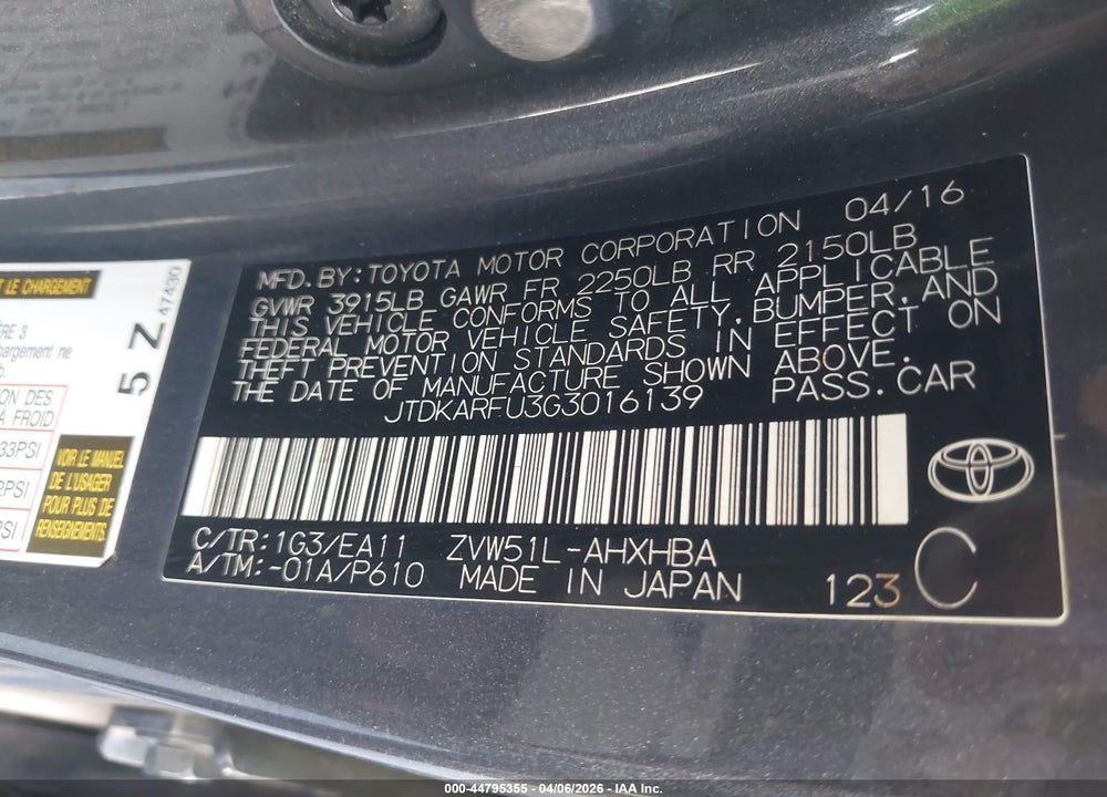 2016 TOYOTA PRIUS THREE TOURING VIN: JTDKARFU3G3016139