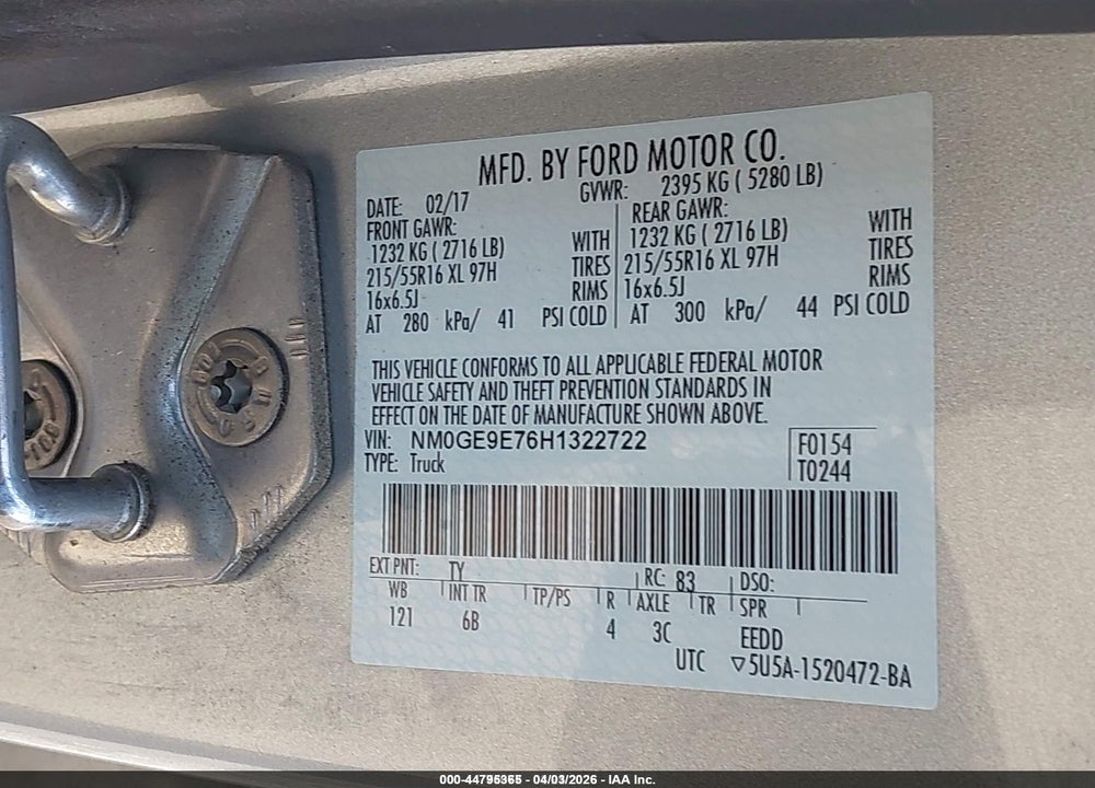 2017 FORD TRANSIT CONNECT XL VIN: NM0GE9E76H1322722