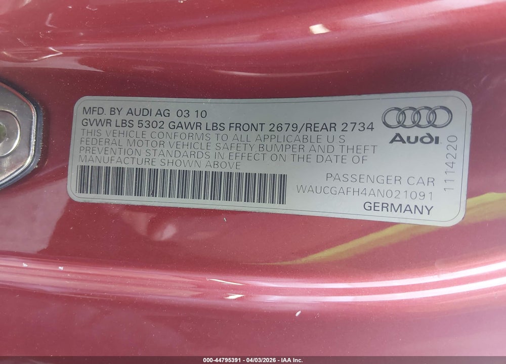 2010 AUDI S5 3.0 PREMIUM PLUS VIN: WAUCGAFH4AN021091