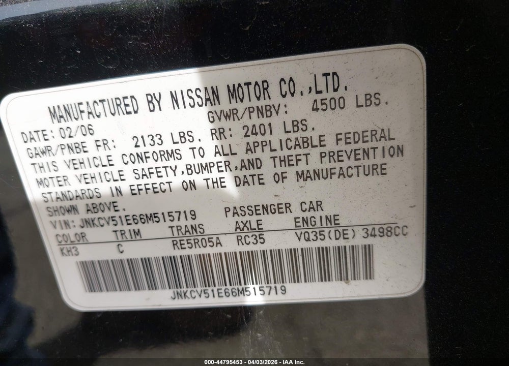 2006 INFINITI G35 VIN: JNKCV51E66M515719