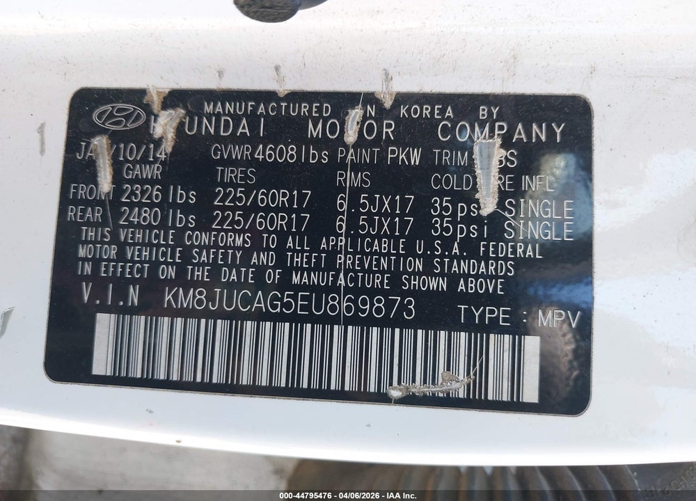 2014 HYUNDAI TUCSON SE VIN: KM8JUCAG5EU869873