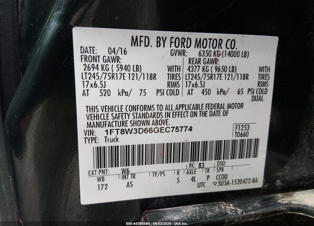 2016 FORD F-350 XL VIN: 1FT8W3D66GEC75774